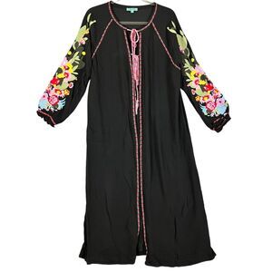 April Sky Boho Duster Long Jacket Black Embroidered Cactus Floral L/S Tassel, L